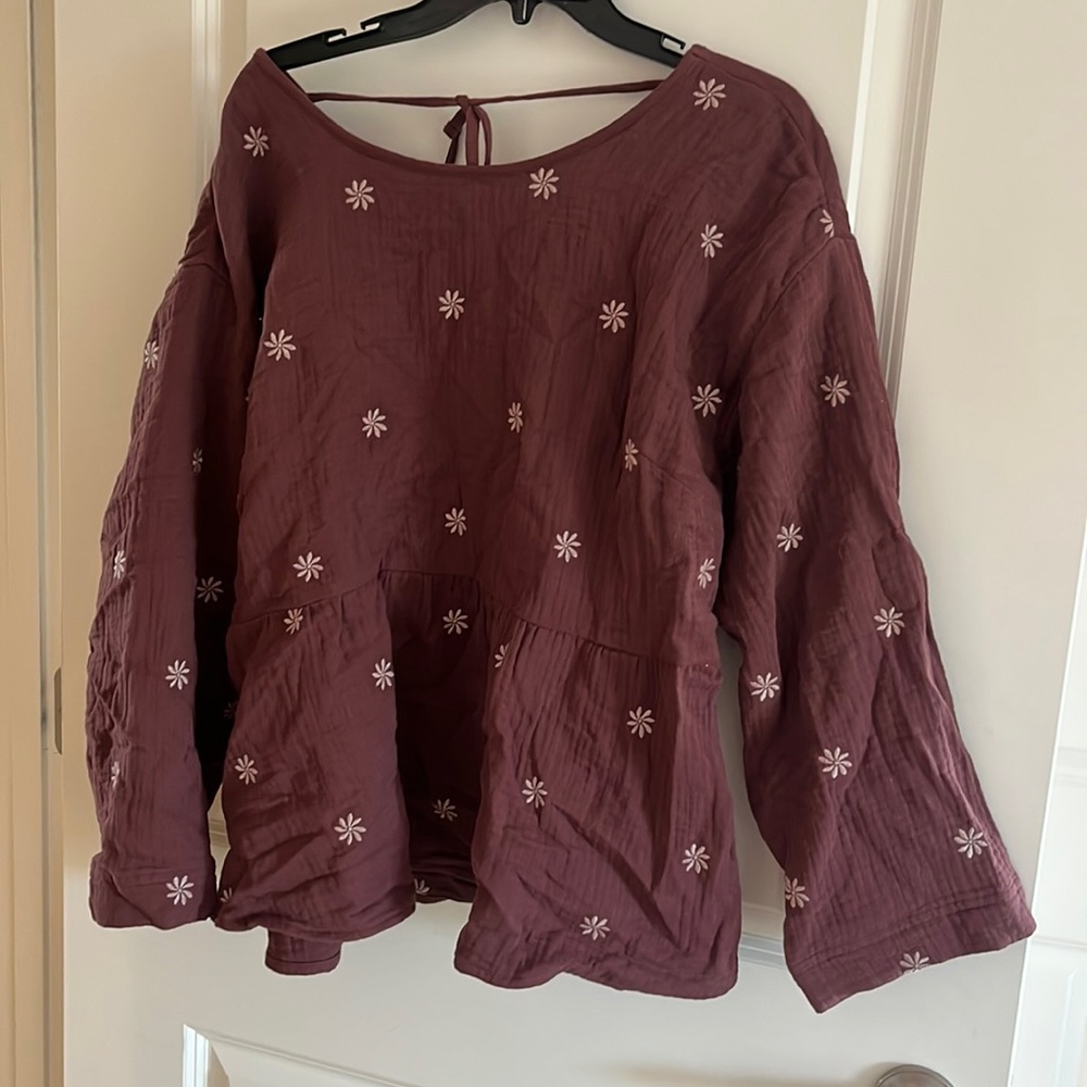 XL Madewell Embroidered Peplum Open Back Lightspun Cotton Top